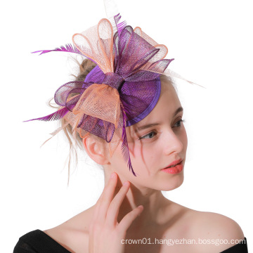 Small Sinamay Base with Violet Feather Bow Flower Fascinators For Bride Wedding With Hair Clip